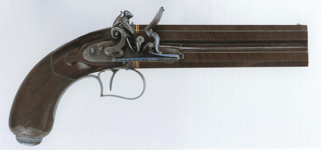 Double-barreled flintlock pistol with vertical shafts