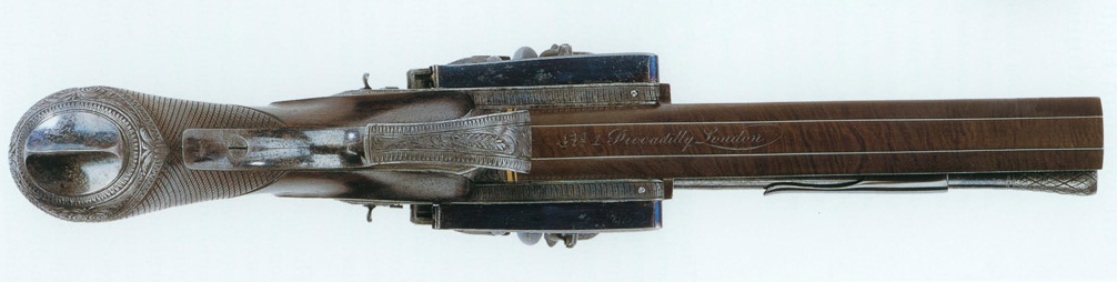 Double-barreled flintlock pistol with vertical shafts