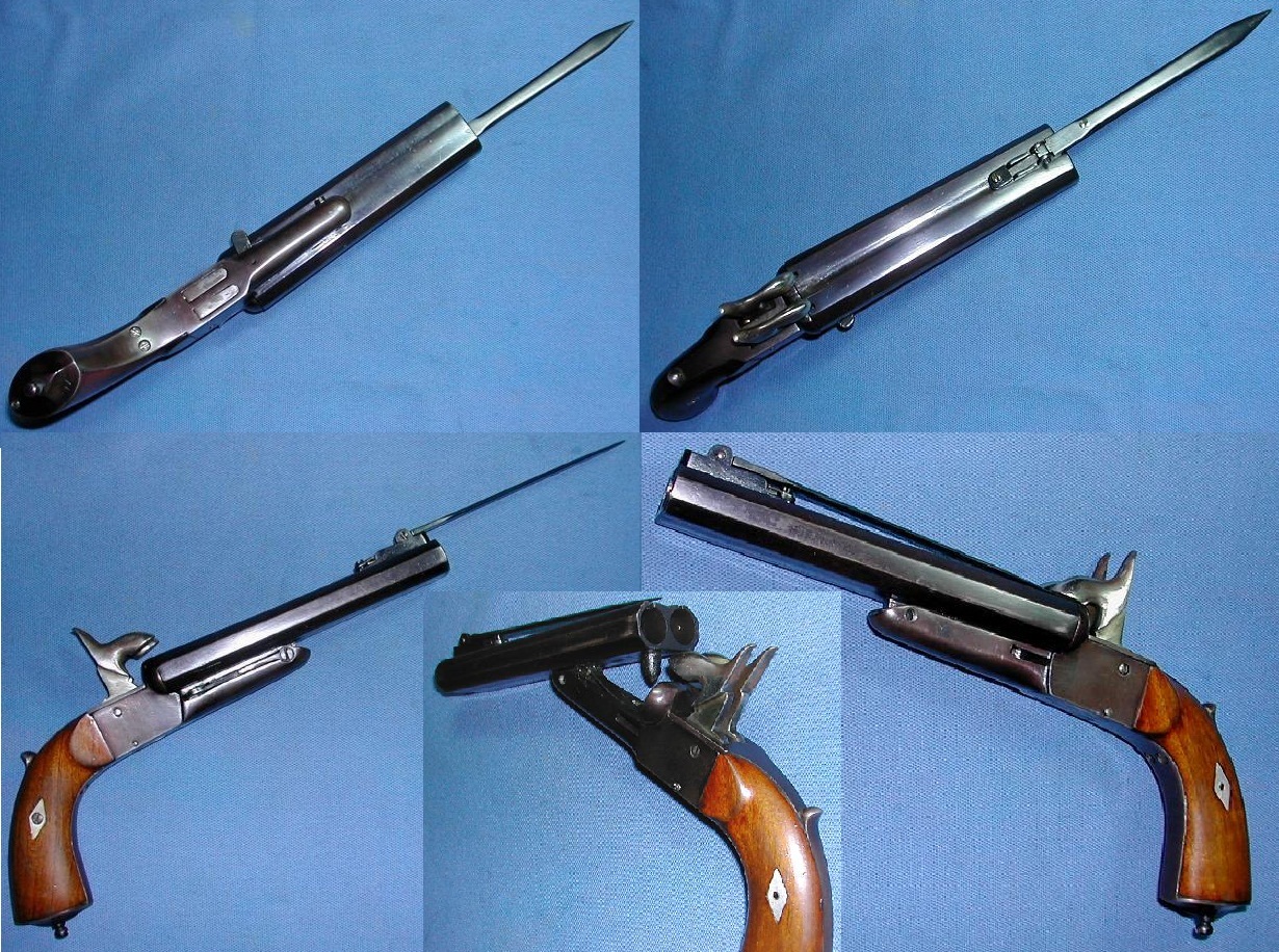 Double barrel boxlock pinfire pistol with a knife