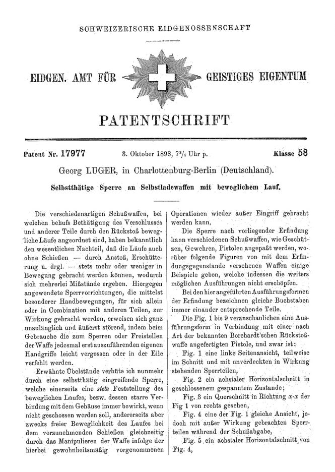 Swiss patent Georg Luger no.17977 3rd of October 1898 