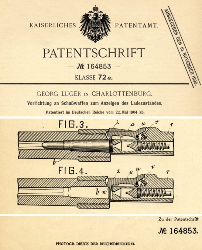 Patent Georg Luger DRP 164 853 dating from 22 May 1904 - indicating extractor