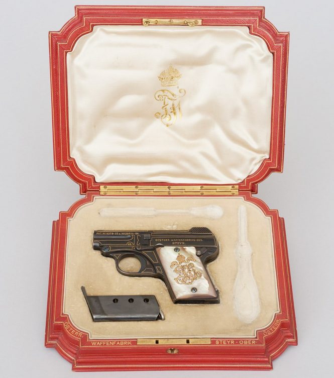 Steyr Model 1909 Pistol with with inlaid with gold and pearl grip