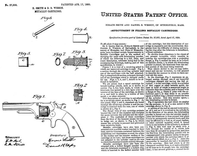 April 17, 1860, Horace Smith and Daniel B. Wesson US Patent №27933